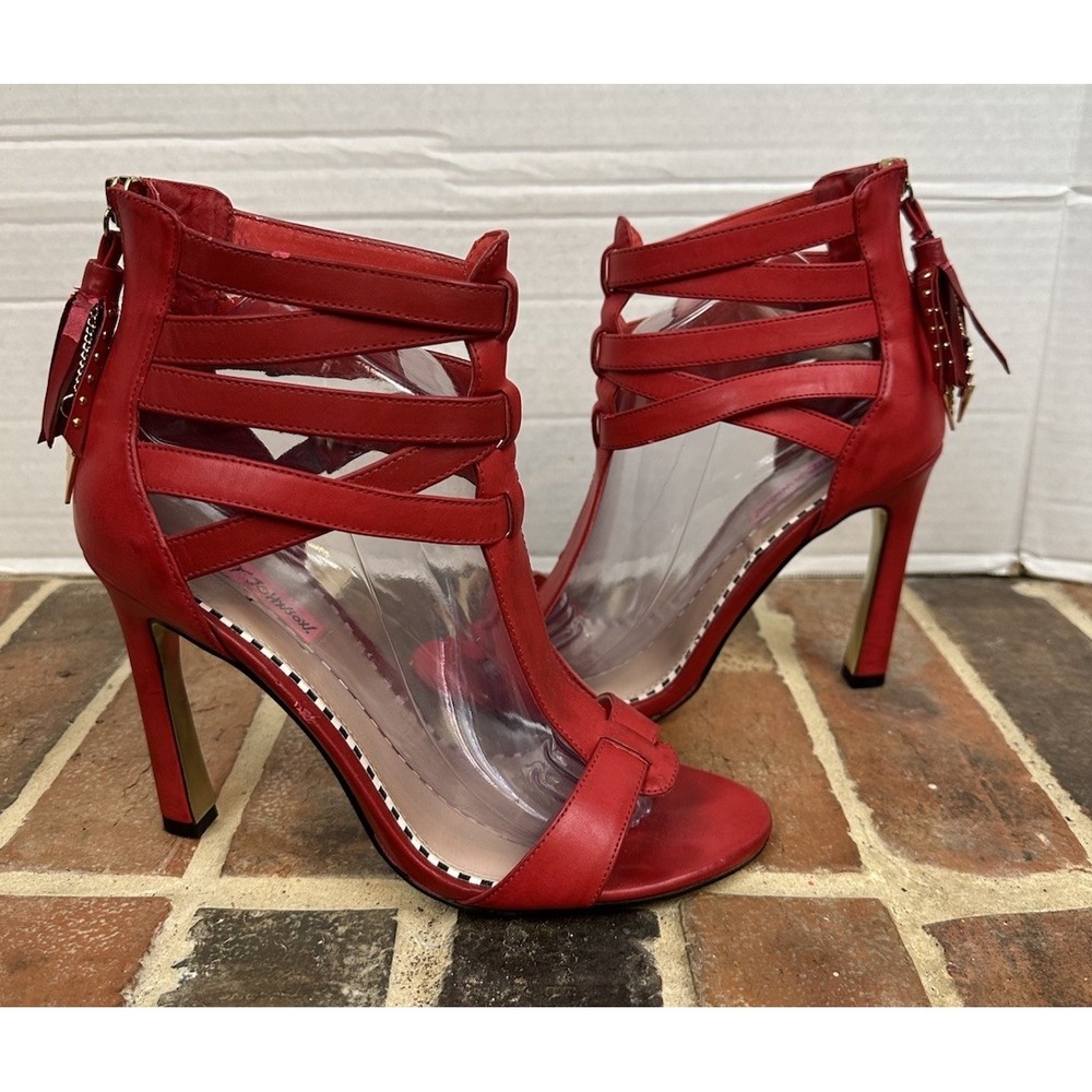 Betsy Johnson Red Strappy Heels Stiletto Open Toe Back Zip Tassels Women's 9